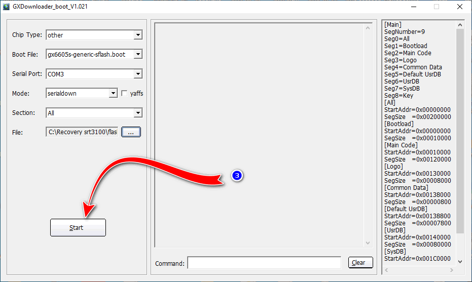 запуск подключения и прошивки в GX Downloader
