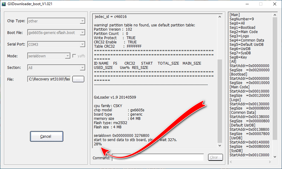 28% прогресс записи во флеш память через GX Downloader