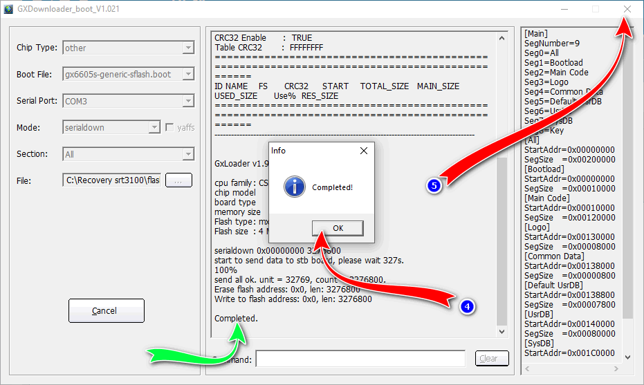 прошивка завершена успешно через GX Downloader